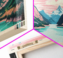 Load image into Gallery viewer, Diablo Lake Washington Framed Canvas Print, Midcentury Modern Panoramic Wall Art, Bedroom Decor, Pop Art, Travel Poster Art, Scenic Nature Painting
