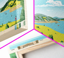 Load image into Gallery viewer, Diamond Hill Reservoir Rhode Island Framed Canvas Print, Midcentury Modern Panoramic Wall Art, Living Room Decor, Pop Art, Travel Poster Art, Scenic Nature Painting
