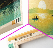 Load image into Gallery viewer, Dore Lake Saskatchewan Framed Canvas Print, Midcentury Modern Panoramic Wall Art, Living Room Decor, Pop Art, Travel Poster Art, Scenic Nature Painting
