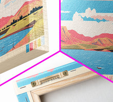 Load image into Gallery viewer, Fort Peck Lake Montana Framed Canvas Print, Panoramic Wall Art, Midcentury Modern, Pop Art, Bedroom Decor, Travel Poster, Nature Art, Artistic Decor
