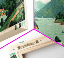 Load image into Gallery viewer, Lake Nacimiento California Framed Canvas Print, Panoramic Wall Art, Midcentury Modern, Pop Art, Living Room Decor, Travel Poster, Lake House Art
