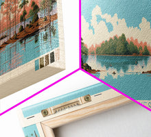 Load image into Gallery viewer, Trophy Lakes, South Carolina Framed Canvas Print, Lake House Decor, Midcentury Modern Art, Pop Art, Travel Poster, Living Room Wall Art
