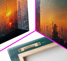 Load image into Gallery viewer, Cyberpunk city canvas art, video game concept art, living room wall art, dystopian art, outrun style city at sunset, man cave wall art

