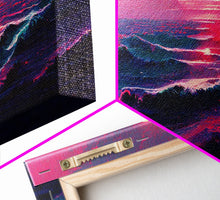 Load image into Gallery viewer, Synth wave sunset, ocean painting canvas print, outrun style, sun set art, wall decor, Made in Texas, ocean sunset, beach vaporwave

