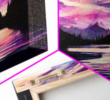 Carregar imagem no visualizador da galeria, Beautiful lake at night canvas print, purple and pink sunset night sky, wall art canvas, lake front view, guest room, surreal Lakehouse Art
