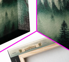 Load image into Gallery viewer, Framed Canvas Print, Pine Tree Forest, Misty Forest Landscape, Fog Covered Mountain, Nature Landscape Decor
