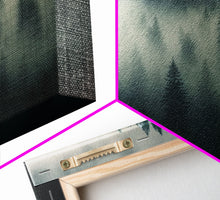 Carregar imagem no visualizador da galeria, Foggy pine forest, Canadian forest art, framed canvas print, farmhouse decor, misty forst landscape

