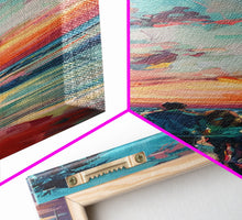 Load image into Gallery viewer, Framed Canvas Oil Painting of Sunset on Beach, Coastal Wall Art Print, Colorful Beach Art, Impasto Painting, Long and Narrow Landscape Art
