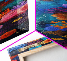 Load image into Gallery viewer, Colorful Underwater Art Print, Vibrant Wall Art Framed on Canvas, Black Light Poster, Fish Poster Art, Vertical Canvas Art, Living Room Art
