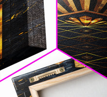 Load image into Gallery viewer, Gold Geometric Art Deco Pattern on Black Background - Framed Canvas Print, Midcentury Modern Art, Skinny Art, Tall Art, Living Room Wall Decor
