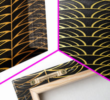 Load image into Gallery viewer, Abstract Gold Geometric Pattern on Black Background - Framed Canvas Print, Art Deco Style, Skinny Art, Tall Art, Midcentury Modern Art, Living Room Wall Decor

