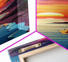 Cargar imagen en el visor de la galería, Coastal Sunset Palm Trees Midcentury Modern Art - Framed Canvas Print, Boho Art, Skinny Art, Living Room Art, Bedroom Decor, Tropical Landscape
