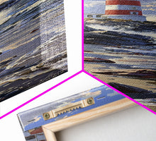 Carregar imagem no visualizador da galeria, Framed Canvas Print Skinny Art of a Majestic Lighthouse Standing Tall Against a Bright Blue Sky with Waves Crashing on Rocky Shores, Perfect Tall Art
