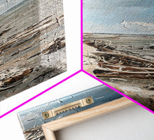 Carregar imagem no visualizador da galeria, Framed Canvas Print Skinny Art of a Weathered Driftwood Tree Trunk on a Sandy Shore with a Calm Ocean Backdrop, Ideal Tall Art for Coastal Decor
