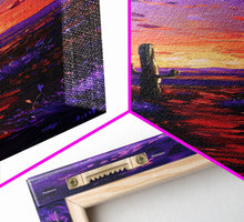 Cargar imagen en el visor de la galería, Colorful Sunset Over a Desert Landscape with a Saguaro Cactus and Dramatic Sky on a Framed Canvas Print Skinny Art Piece
