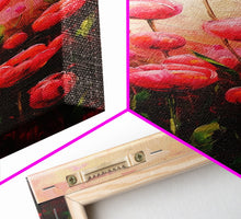 Load image into Gallery viewer, Vibrant Red Tulips in Bloom Against a Soft Pink Background on a Framed Canvas Print Skinny Art Piece
