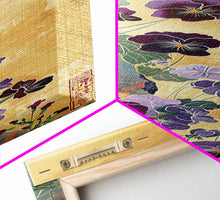 Load image into Gallery viewer, Deep Purple Pansy Flowers Against Textured Gold Background on Tall Vertical Canvas Print for Rich Floral Wall Decor
