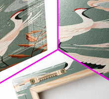 Load image into Gallery viewer, Cranes In Flight Framed Canvas Print, Traditional Japanese Art With Soft Colors And Detailed Wings, Wall Art Ready To Hang
