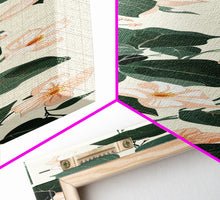 Load image into Gallery viewer, Creamy White Blossoms with Deep Green Leaves Overlapping on a Soft Background Ukiyo-e Art Japanese Framed Canvas Print Skinny Tall Art
