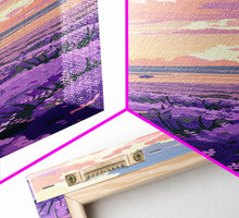 Carregar imagem no visualizador da galeria, Expansive Lavender Field Beneath a Dramatic Cloudy Sky in Warm Pastel Hues Ukiyo-e Art Japanese Framed Canvas Print Skinny Tall Art
