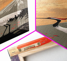 Load image into Gallery viewer, Japanese Crane Skinny Wall Art Framed Canvas Print in a Garden with Wisteria Flowers and Mount Fuji in the Background
