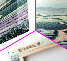 Load image into Gallery viewer, Tranquil Lavender Fields Skinny Art Tall Art Japanese Ukiyo-e Inspired Landscape Framed Canvas Print for Serene Living Spaces
