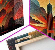 Cargar imagen en el visor de la galería, Dystopian metropolis canvas print, ready to hang wall art, art deco sunset, 1930s architecture, living room art, art nouveau
