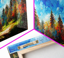 Carregar imagem no visualizador da galeria, Beautiful Forest Sunset Oil Painting Canvas Print, Blue Skies and Fall Trees, Autumn, Ready to hang gallery wrapped nature canvas print
