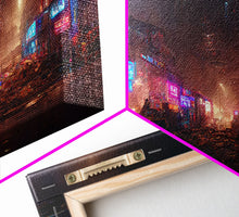 Load image into Gallery viewer, Destitute cyberpunk city with neon signs wall art, Bladerunner vibes art, synthwave style art, cool wall art
