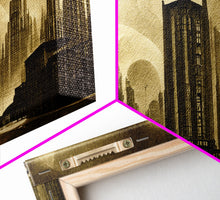 Load image into Gallery viewer, Dystopian Metropolis Art Deco Canvas Print, City Skyline, Fantasy Art, Art Deco Living Room Art, ready to hang wall art
