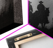 Load image into Gallery viewer, Cowboys Under A Full Moon, Framed Canvas Print, Black and White Western Photography, Wild West Art, Western Decor, Farmhouse Country Art
