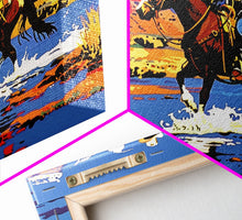 Load image into Gallery viewer, Crossing The Colorado River, Framed Canvas Print, Kitsch Western Wall Art, Colorful Western Painting Original Artwork, Pop Art Painting
