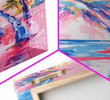 Load image into Gallery viewer, Vibrant Palm Trees and Ocean Waves in Abstract Style - Framed Canvas Print, Coastal Wall Art, Tropical Beach Decor for Living Room
