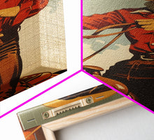 Cargar imagen en el visor de la galería, Classic Cowgirl with Red Outfit on Horse | Framed Canvas Print | Western Wall Art | Living Room Decor | Rustic Home Decor
