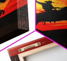 Load image into Gallery viewer, Cowboy Silhouette on Horseback at Sunset | Framed Canvas Print | Western Landscape Art | Rustic Cowboy Wall Art for Living Room
