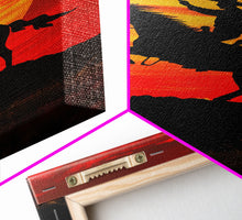 Load image into Gallery viewer, Dynamic Cowboy Horse Ride Silhouette at Sunset | Framed Canvas Print | Western Wall Art | Sunset Horseback Wall Art for Home Decor
