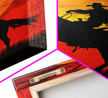 Load image into Gallery viewer, Cowboy Riding Horse into the Sunset | Framed Canvas Print | Western Silhouette Art | Rustic Cowboy Wall Art for Living Room

