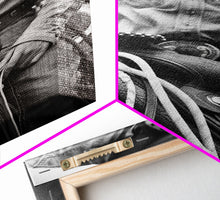 Load image into Gallery viewer, Close-up of cowboy hands holding reins, detailed Western art, black and white photography, Framed Canvas Print, rustic home decor, wall art
