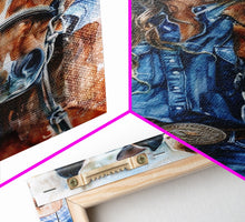 Load image into Gallery viewer, Cowgirl Embracing Horse with Hat - Framed Canvas Print, Western Wall Art, Rustic Decor, Living Room and Bedroom Art Print
