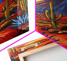 Load image into Gallery viewer, Framed Canvas Print, Bold Desert Landscape with Saguaro Cacti and Mountains, Unique Wall Art for Living Room or Bedroom
