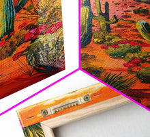 Load image into Gallery viewer, Framed Canvas Print, Vibrant Desert Scene with Saguaro Cacti and Flowers, Unique Wall Art for Living Room or Bedroom
