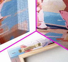 Load image into Gallery viewer, Cowgirls walking on the beach wearing pink cowboy boots, artistic reflection Framed Canvas Print - beach fashion, summer decor, vibrant art
