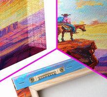 Load image into Gallery viewer, Cowboy on Horseback Overlooking Canyon - Vibrant Western Landscape Art, Sunset Painting, Living Room Decor, Cowboy Canvas Print
