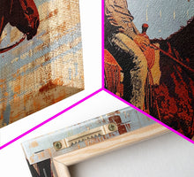 Load image into Gallery viewer, Cowboy on Horse with Rustic Background, Stunning Wall Art, Framed Canvas Print, Boho Bedroom Decor, Western Home Decoration
