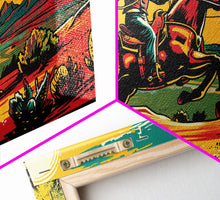 Load image into Gallery viewer, Cowboy Galloping in Desert, Vibrant Sunset Western Art, Framed Canvas Print, Farmhouse Decor, Colorful Wall Art, Cowboy Theme
