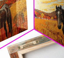 Carregar imagem no visualizador da galeria, Black Horse in Autumn Field with Red Barn, Perfect Farmhouse Art, Framed Canvas Print, Rustic Wall Decor, Living Room Decoration
