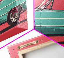 Load image into Gallery viewer, Cowgirl Leaning Against Classic Car in Pop Art Style, Vibrant Framed Canvas Print for Bedroom, Perfect Living Room Wall Art
