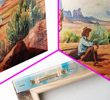 Load image into Gallery viewer, Cowboy Resting by Horse in Desert Scene, Rustic Farmhouse Art, Framed Canvas Print, Western Decor, Living Room Wall Art, Country Style
