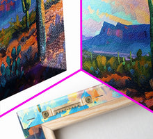 Load image into Gallery viewer, Desert Sunset with Cacti and Mountains, Abstract Southwestern Art, Framed Canvas Print, Rustic Boho Wall Decor, Living Room Art
