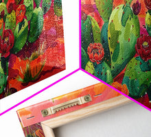 Load image into Gallery viewer, Bright Desert Flowers and Cacti with Mountains, Vibrant Framed Canvas Print for Home, Boho Wall Art, Nature Lover&#39;s Decor
